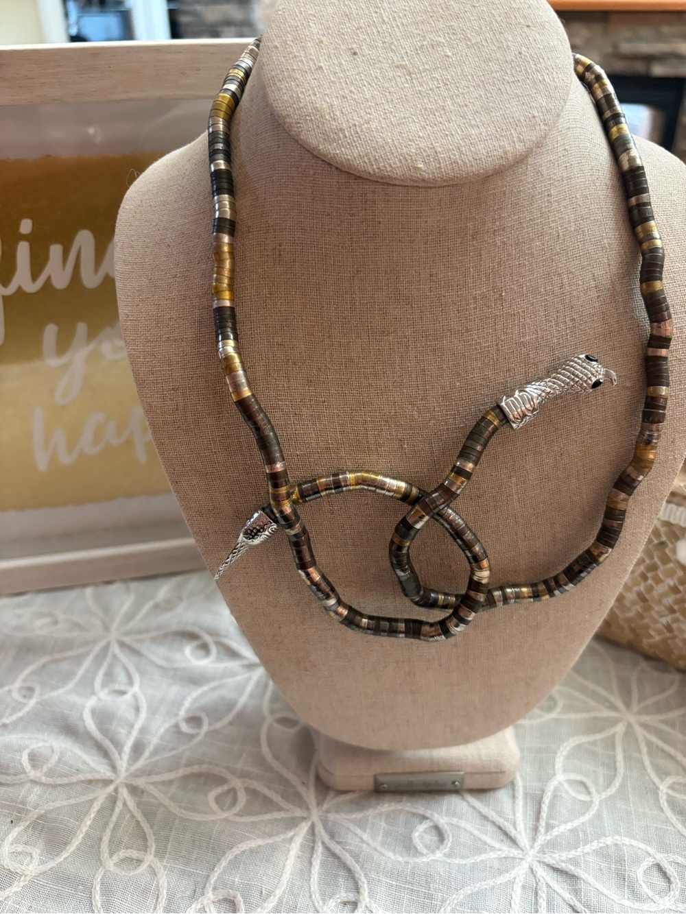 Beaded Snake-Head Statement Necklace in Brown and Gold